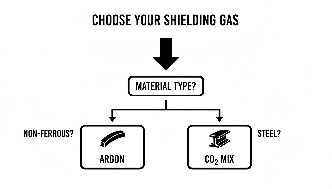 A flowchart helps choose shielding gas: Argon for non-ferrous metals, CO2 mix for steel.