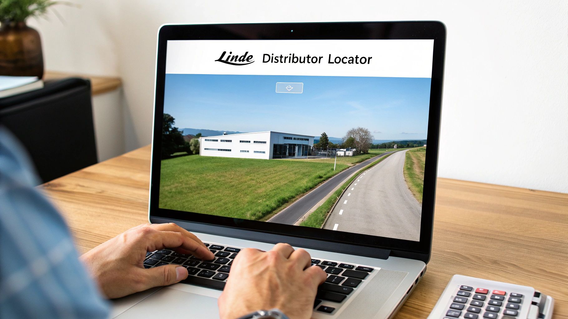 A person's hands type on a laptop displaying the Linde Distributor Locator website with an industrial building.