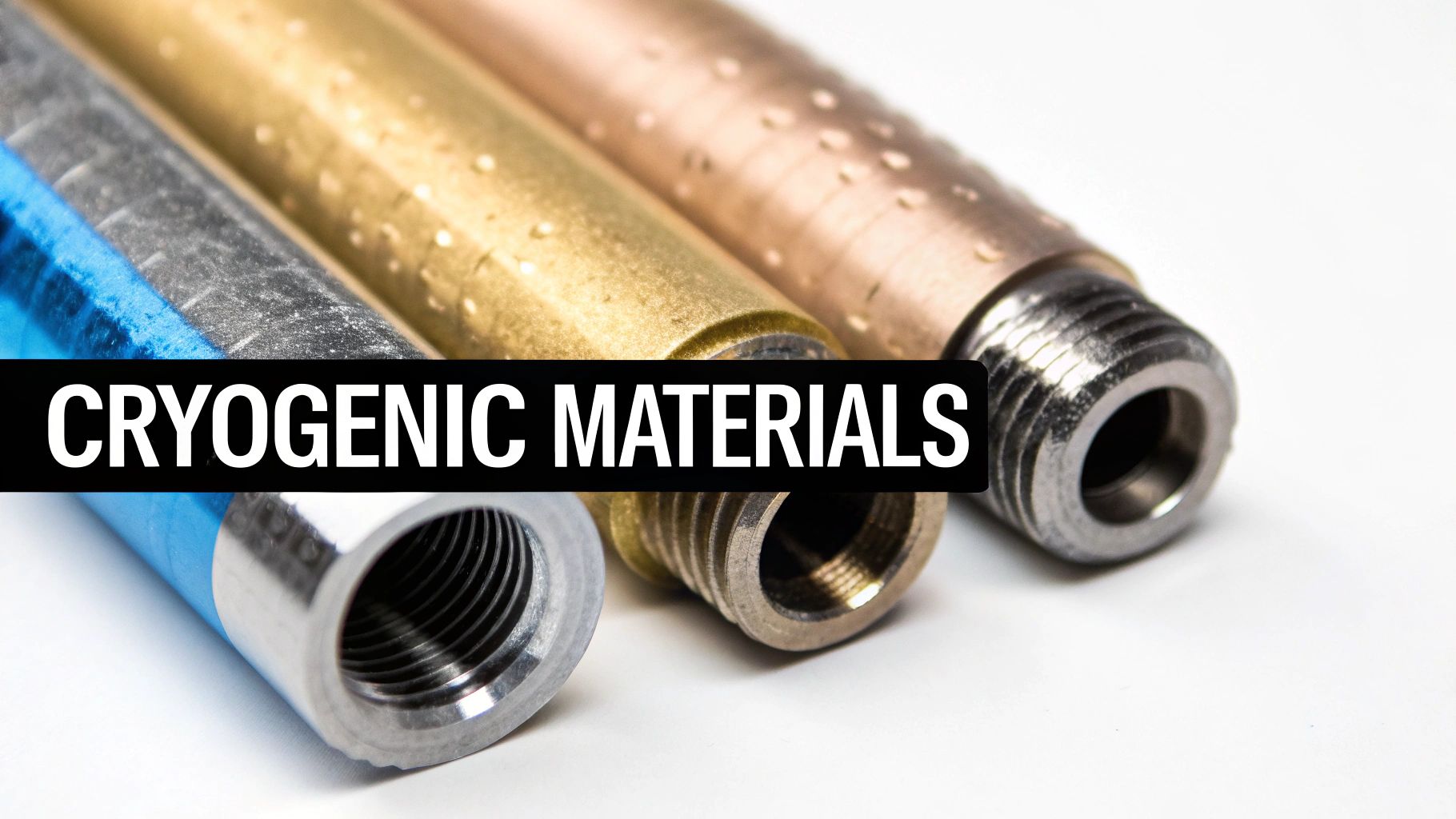Three industrial metal tubes with threaded ends, one blue, one gold, one copper, labeled 'CRYOGENIC MATERIALS'.