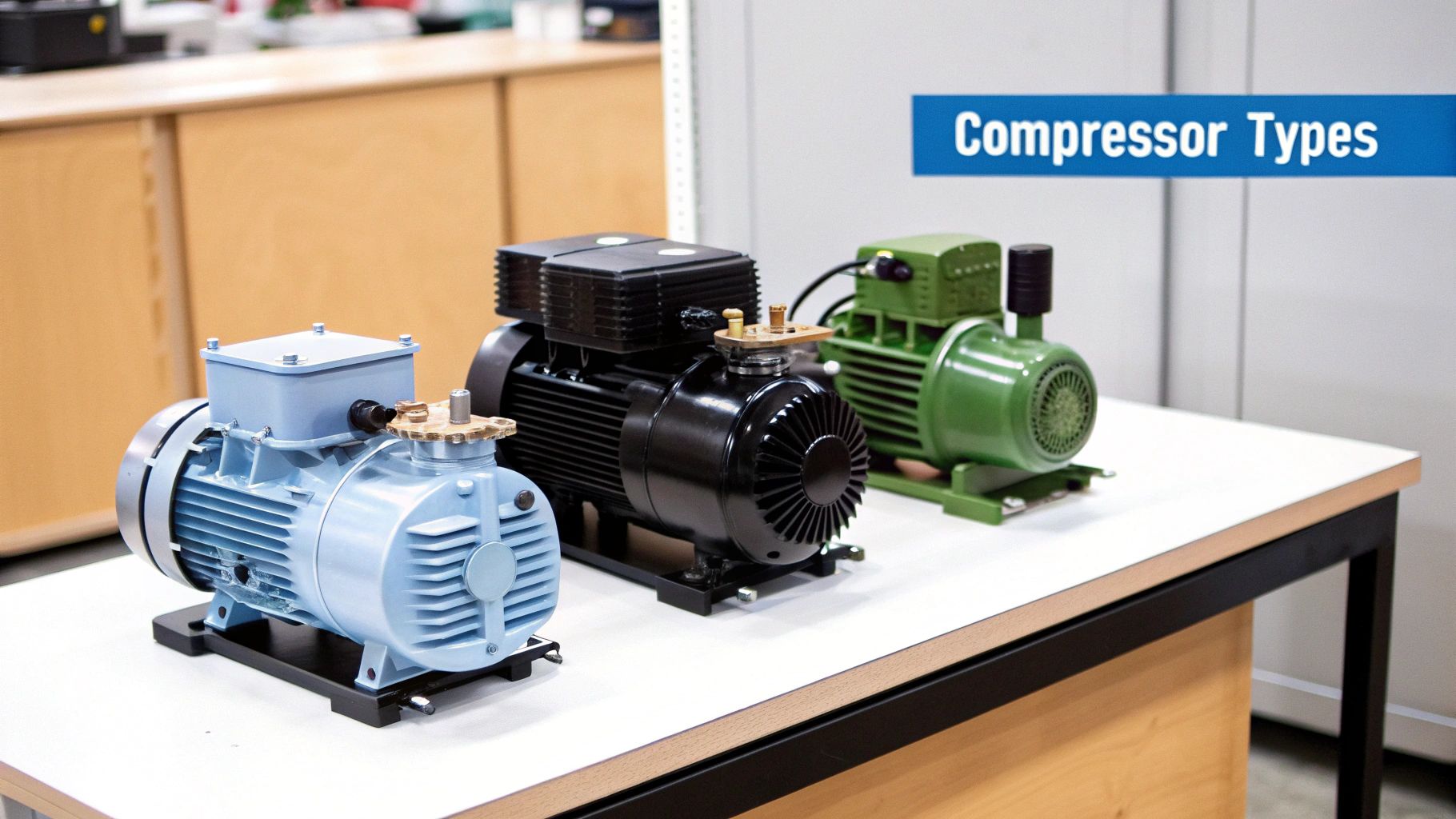 Three industrial compressor types, colored light blue, black, and green, displayed on a table for educational purposes.