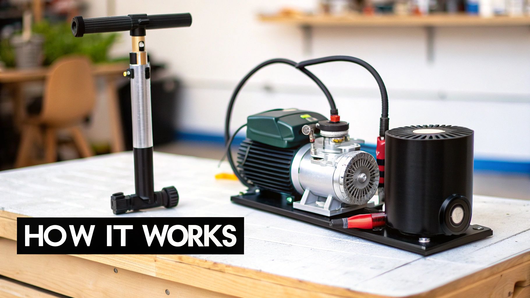 A desktop setup showcasing a reciprocating piston compressor, electric motor, air tank, and hand pump on a workbench.