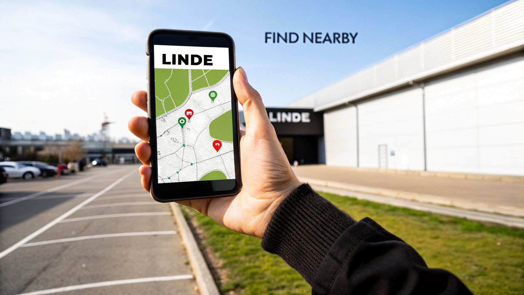 Person holding a smartphone displaying a map app with Linde locations, next to a Linde building.