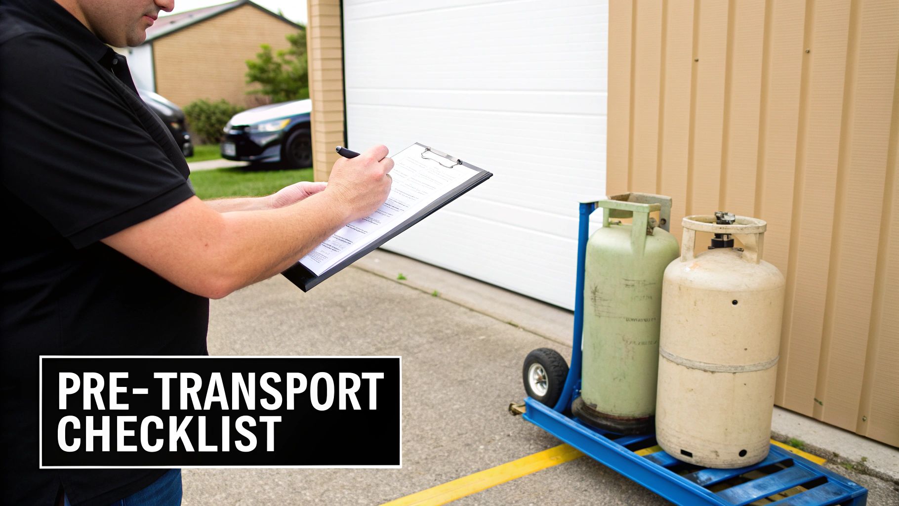 Man filling out a pre-transport checklist while inspecting gas cylinders on a transport cart.