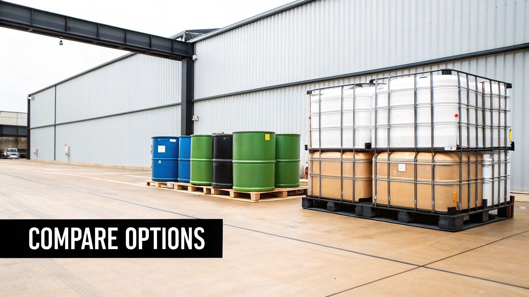 Industrial drums in blue, green, and black, alongside stacked white and tan IBCs on pallets outside a modern warehouse.