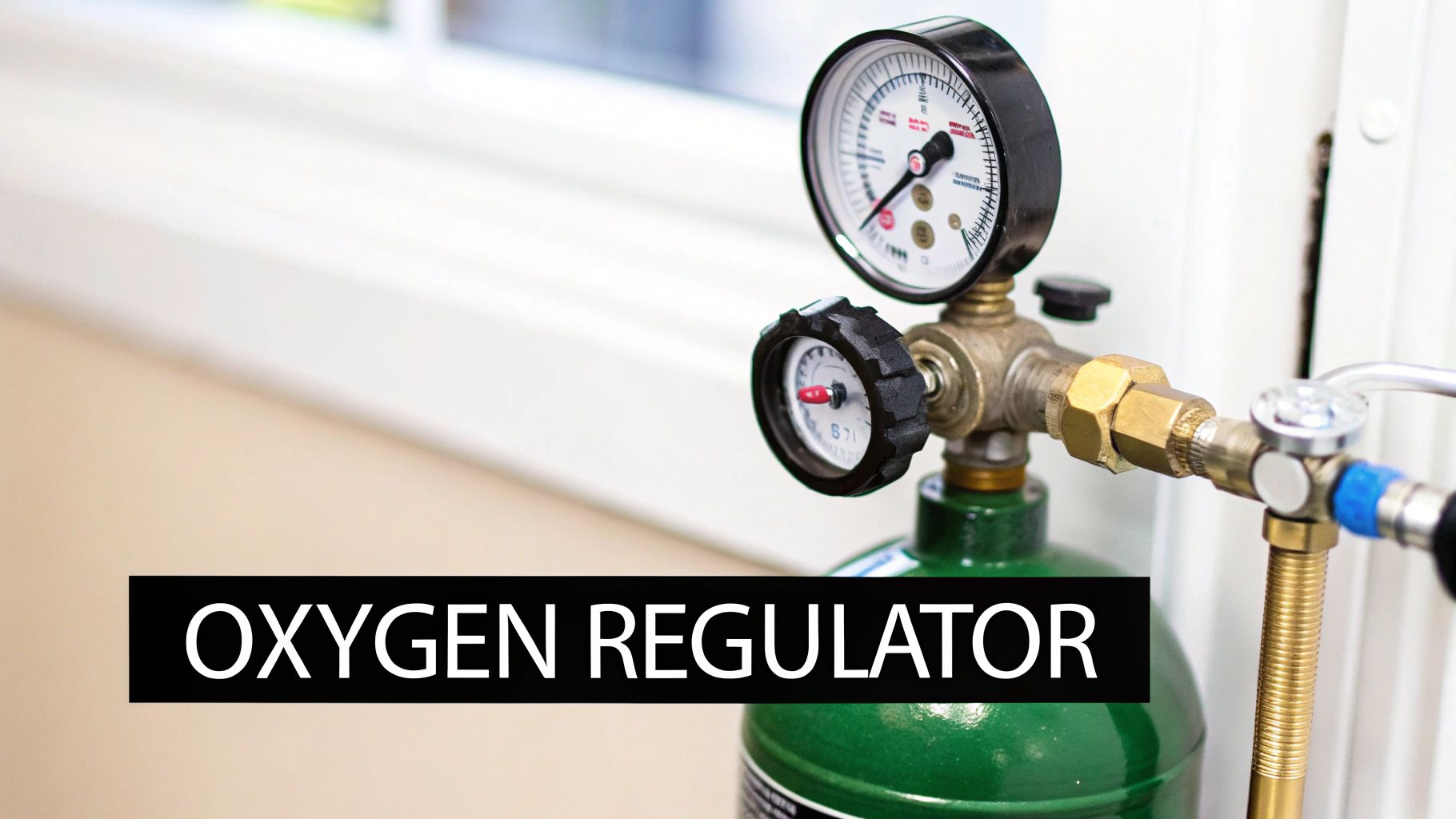 Medical oxygen regulator with two gauges connected to a green oxygen tank.