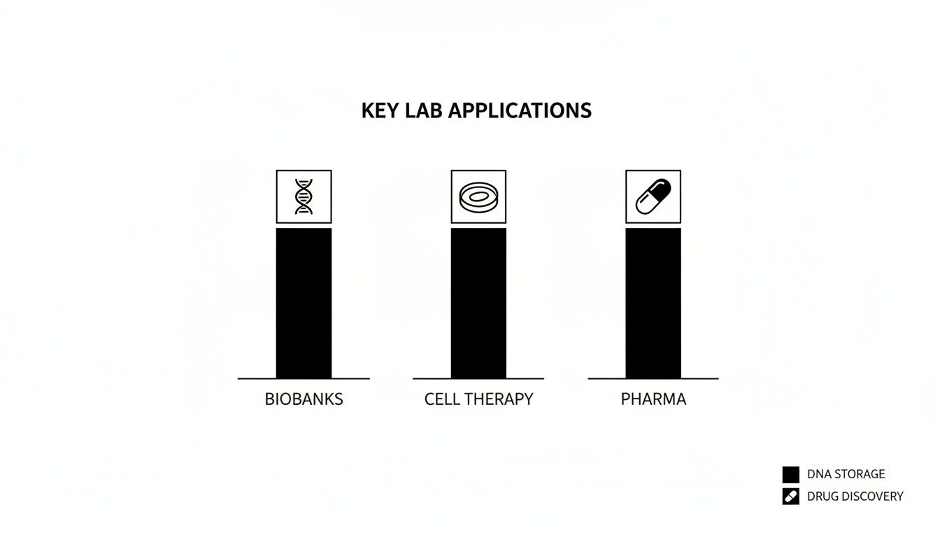 Infographic detailing key lab applications: Biobanks, Cell Therapy, and Pharma, with indicators for DNA storage and drug discovery.