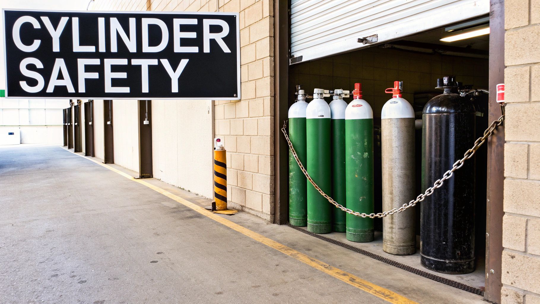 A 'CYLINDER SAFETY' sign hangs above various industrial gas cylinders chained together inside a building.