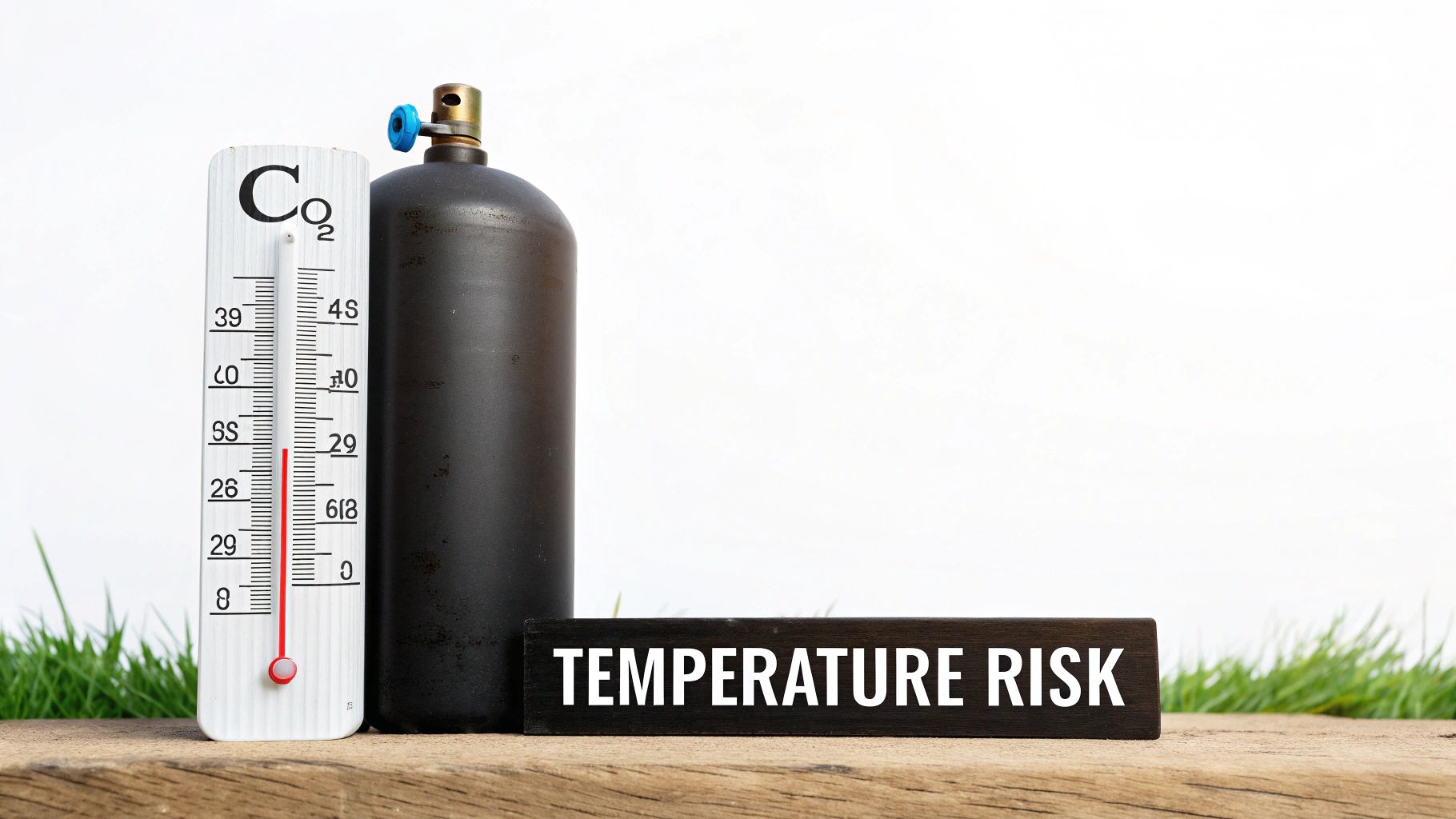 A CO2 thermometer and gas cylinder next to a 'TEMPERATURE RISK' sign on a wooden table, symbolizing environmental concerns.