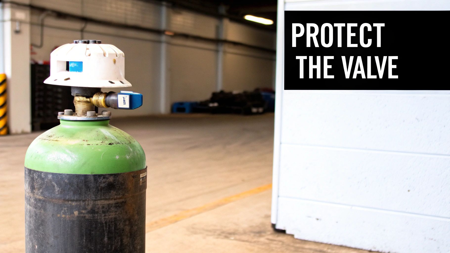 A green and black gas cylinder with a white protective cap over its valve, next to a 'PROTECT THE VALVE' sign.