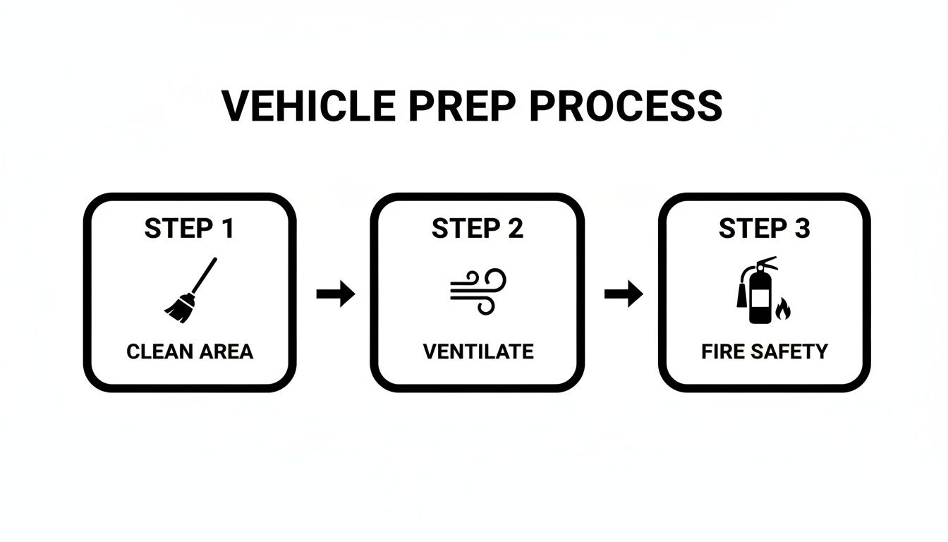 A three-step infographic titled 'VEHICLE PREP PROCESS': clean area, ventilate, and fire safety.