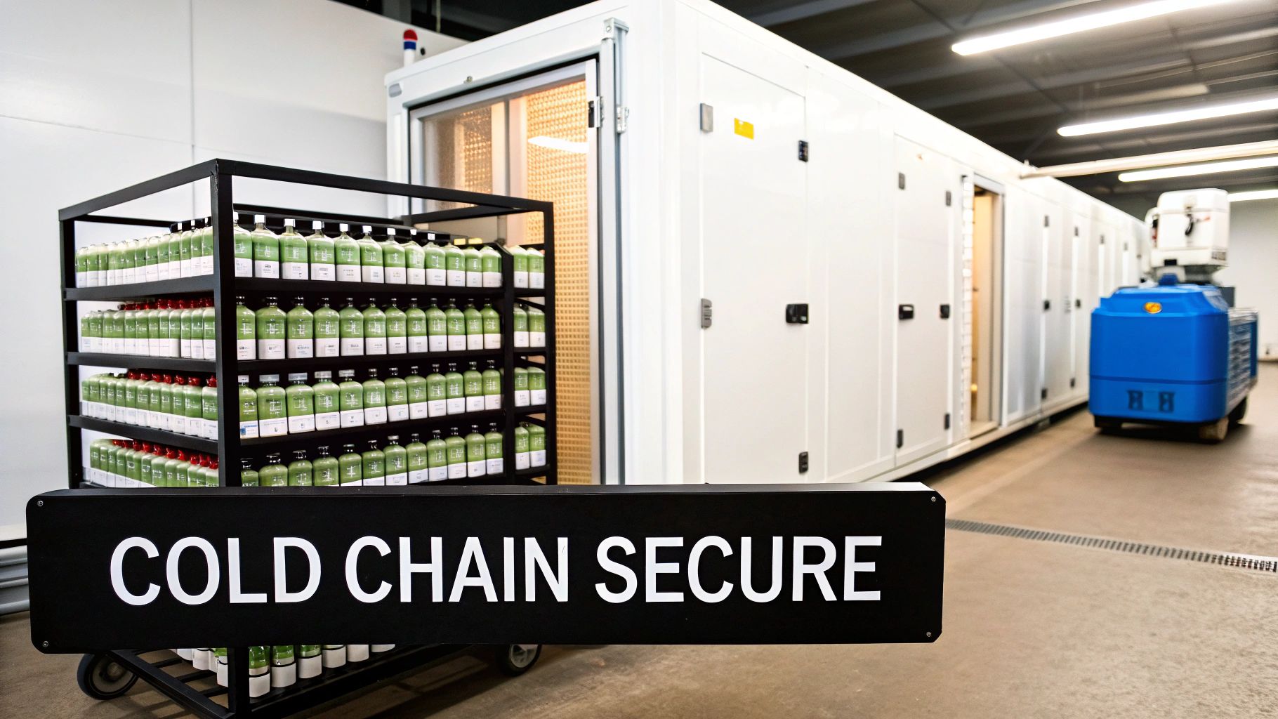 Industrial cold chain storage facility with shelves of green bottled products and a 'COLD CHAIN SECURE' sign, highlighting secure preservation.