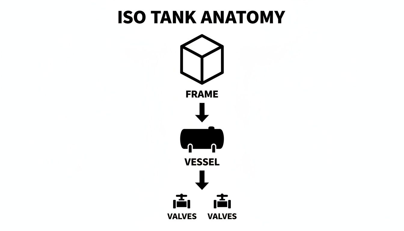 A diagram illustrating the components of an ISO tank: frame, vessel, and valves.