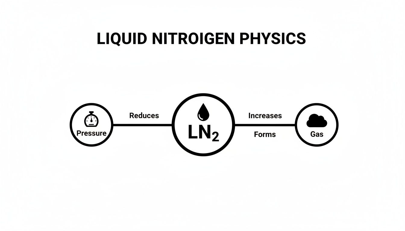 A diagram illustrating liquid nitrogen physics, showing its relationship with pressure and gas formation.