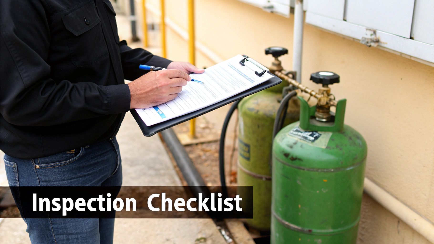 A worker holds a clipboard and pen, conducting an inspection of outdoor gas cylinders.