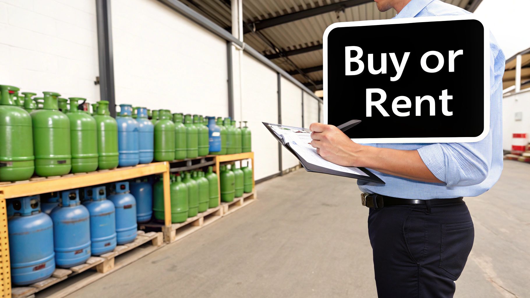 Person with 'Buy or Rent' sign and clipboard near racks of green and blue gas cylinders.