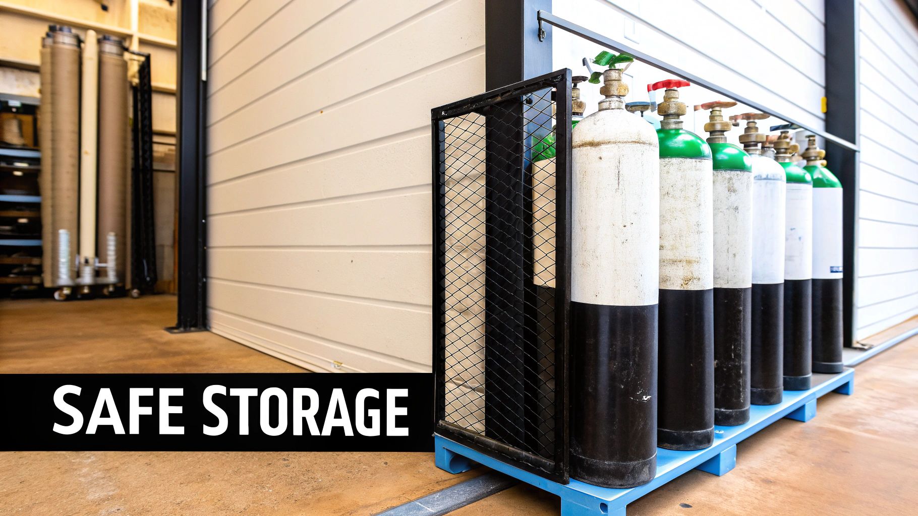 A row of industrial gas cylinders, securely stored on a blue pallet, indicating safe storage practices.