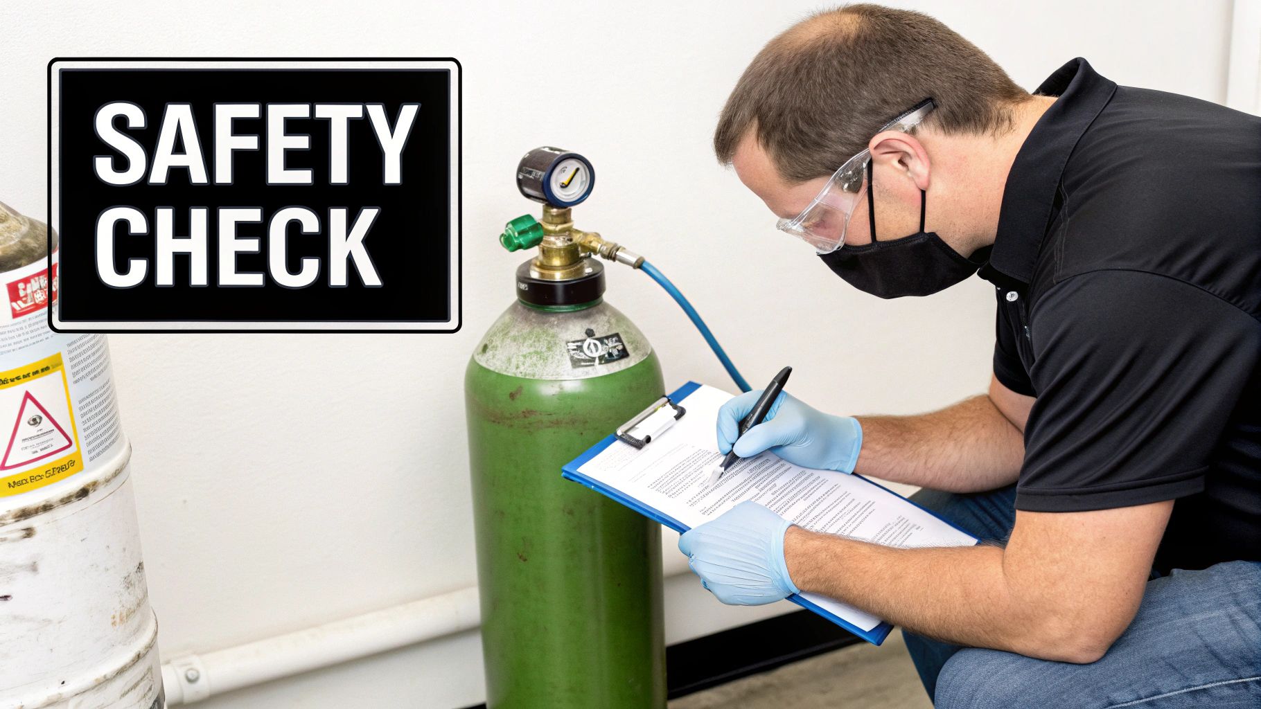 Man in safety gear inspecting a green gas cylinder and writing on a clipboard during a safety check.