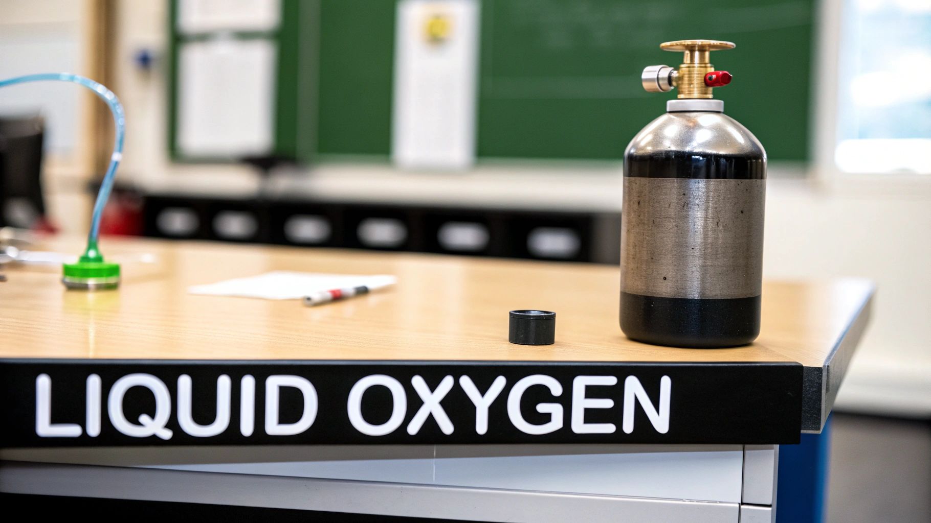 A small gas cylinder with a valve, labeled 'LIQUID OXYGEN,' on a wooden lab table.