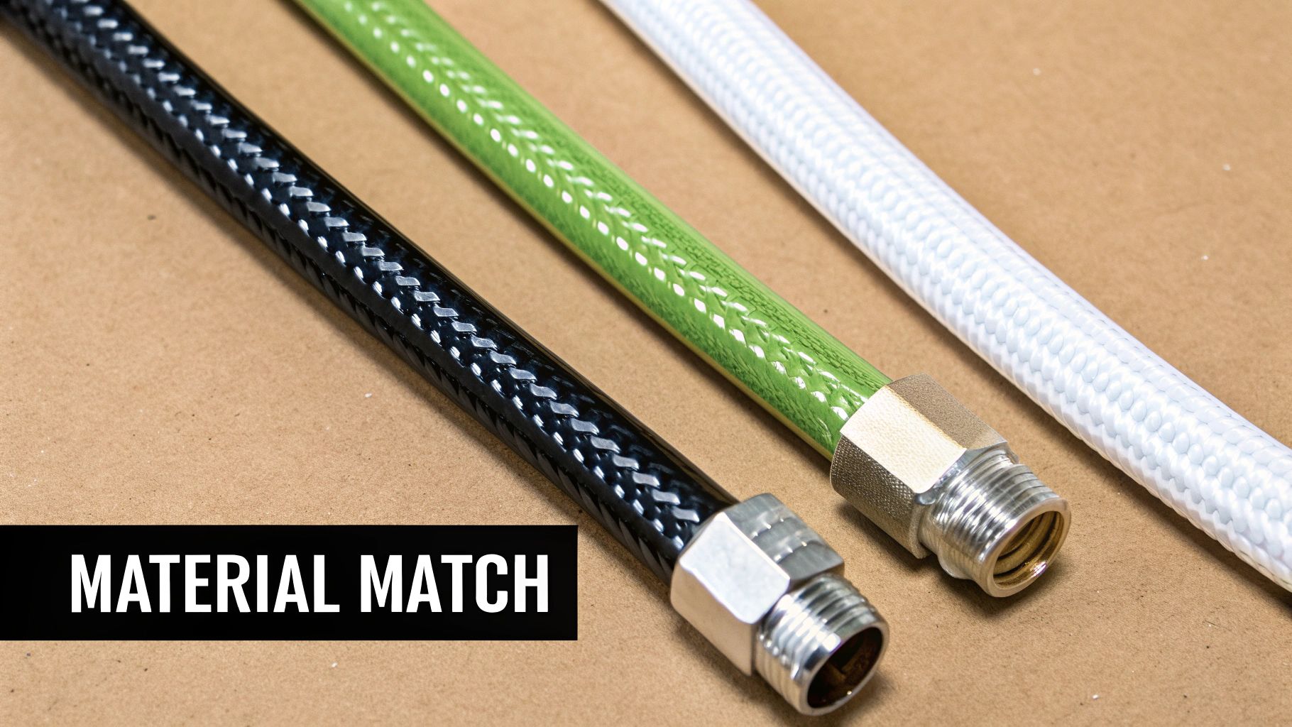 Three flexible hoses in black, green, and white, with metal fittings, on a brown background.