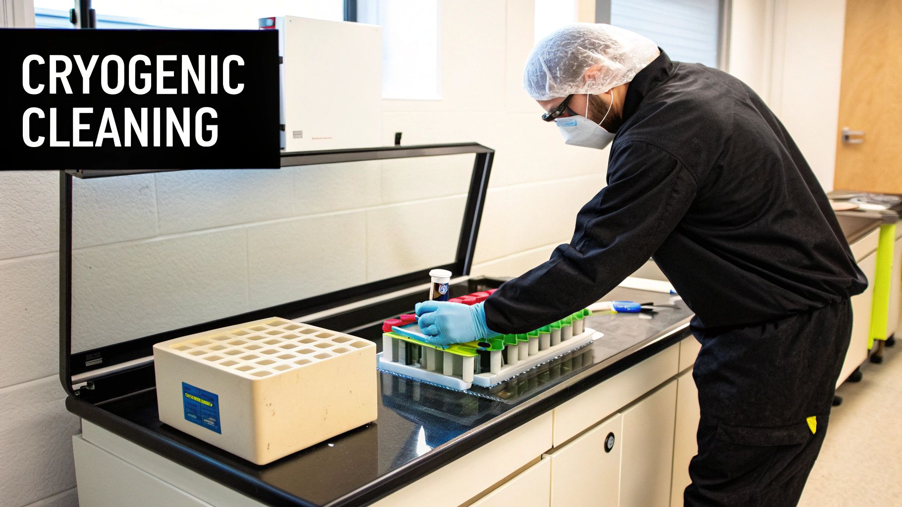 A scientist wearing a lab coat, mask, and gloves, performs cryogenic cleaning with test tubes in a lab.