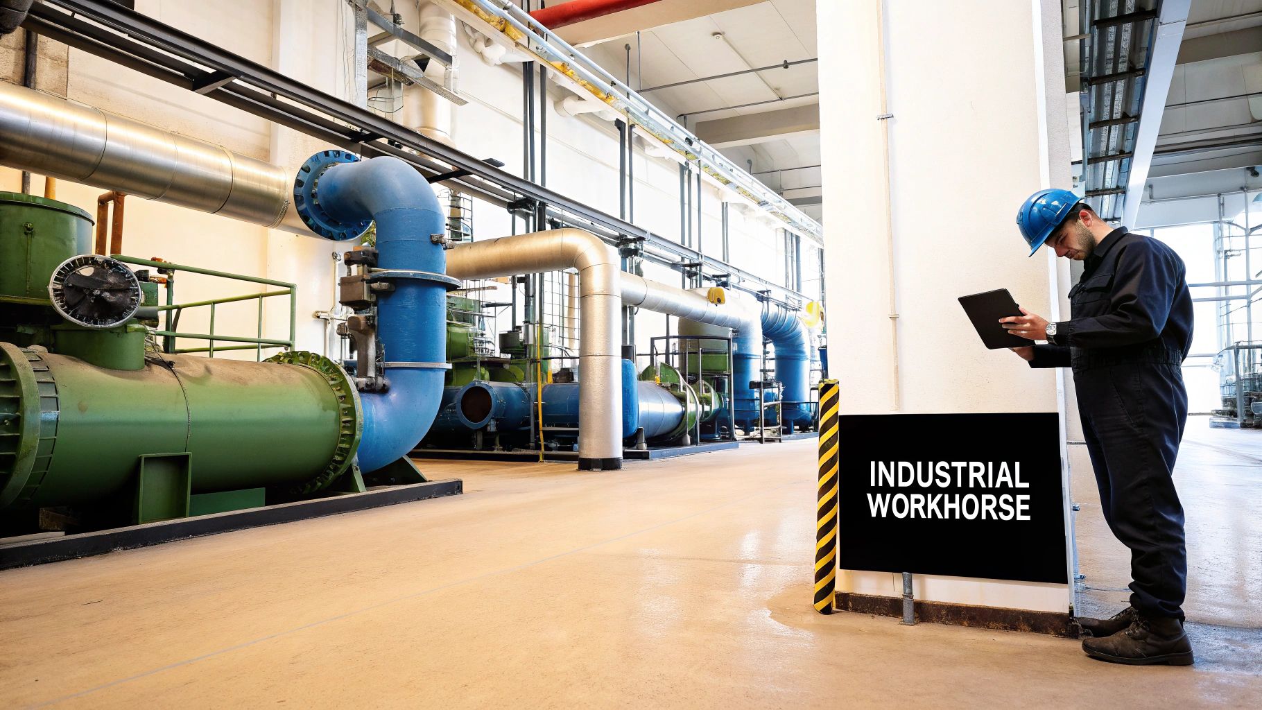 A worker in an industrial plant inspecting machinery with a tablet next to an 'INDUSTRIAL WORKHORSE' sign.