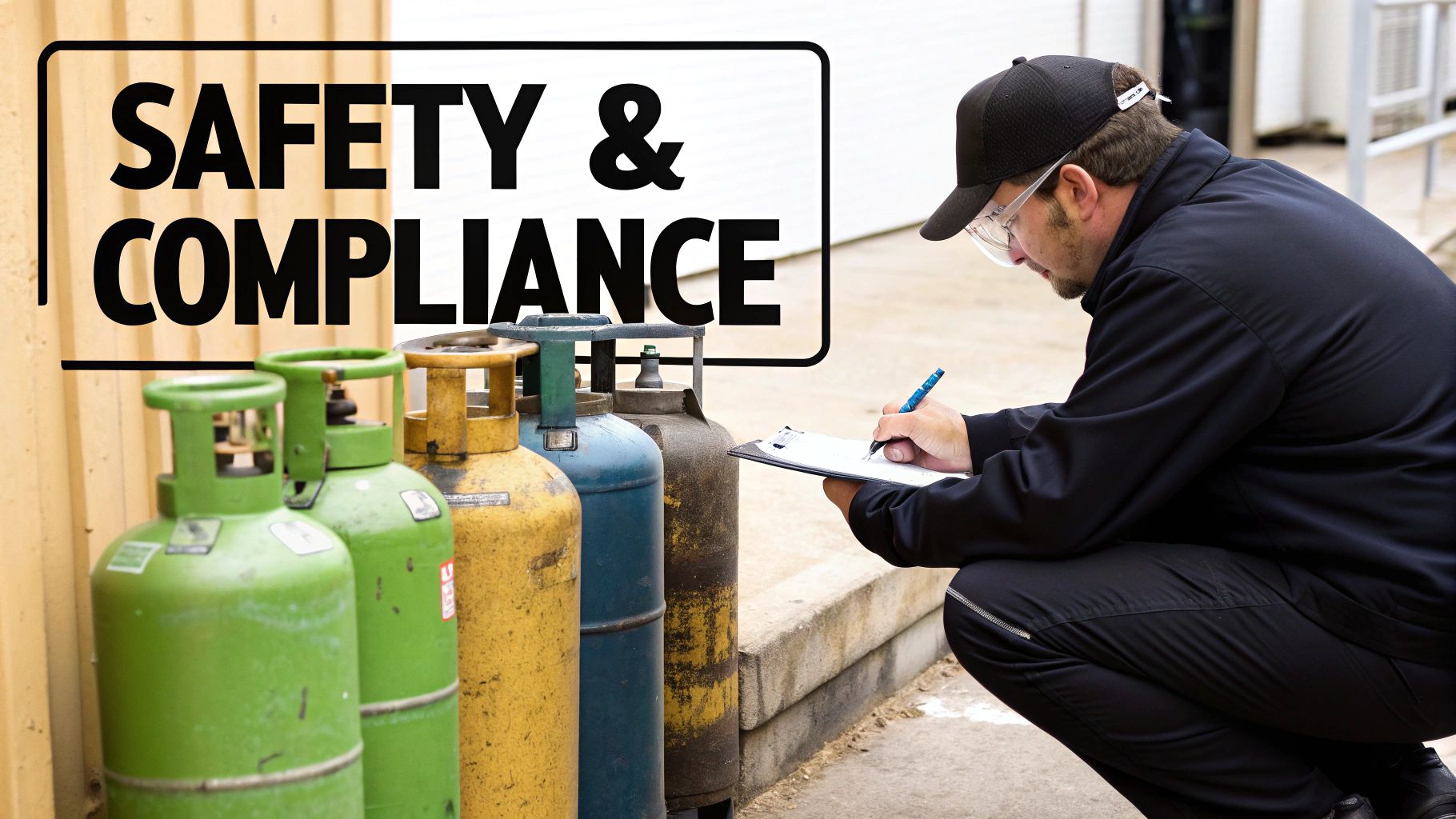 A worker inspects several gas cylinders outdoors, meticulously checking for safety and compliance.