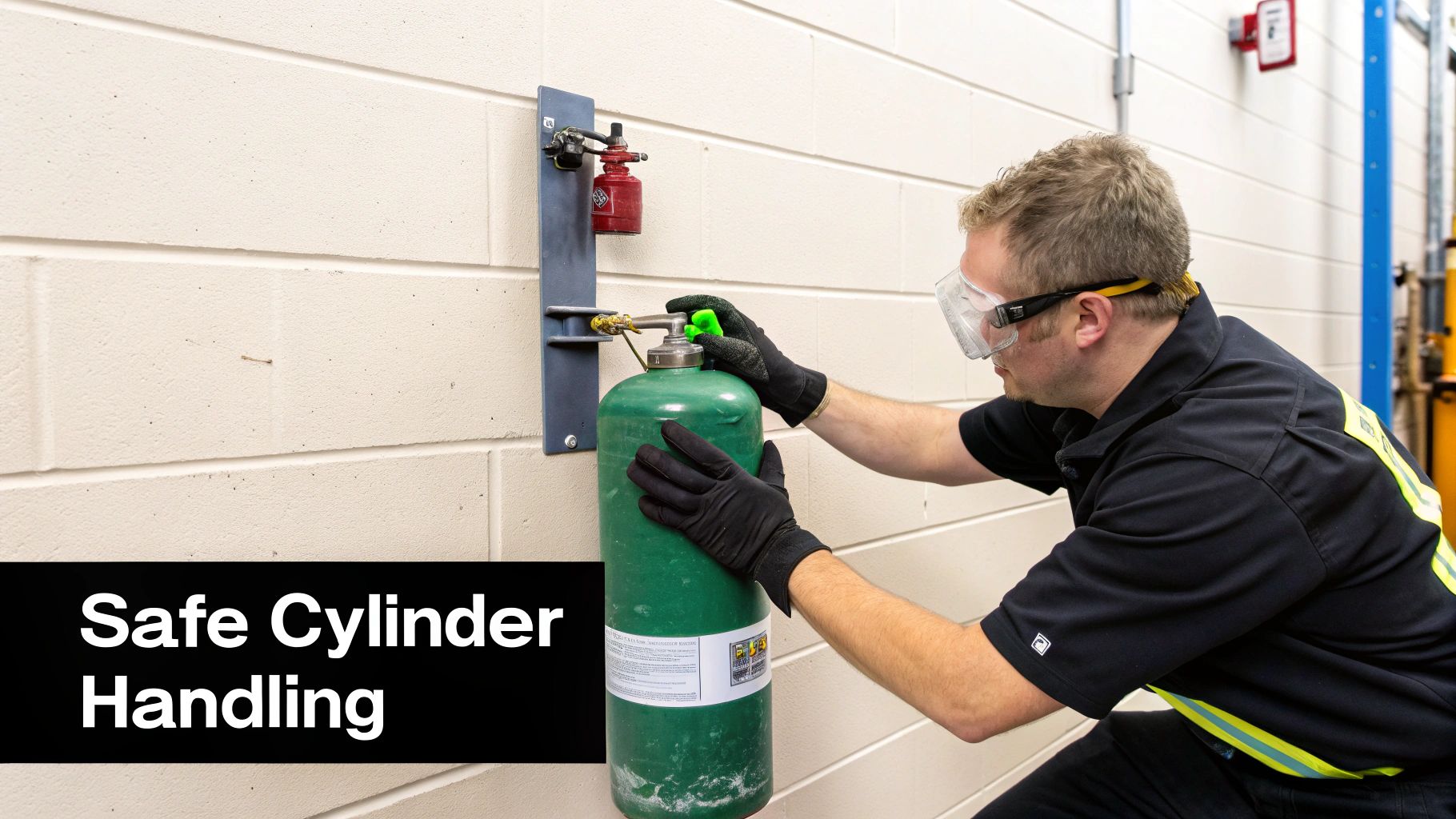A man in safety goggles and gloves securely handling a green gas cylinder mounted on a wall.
