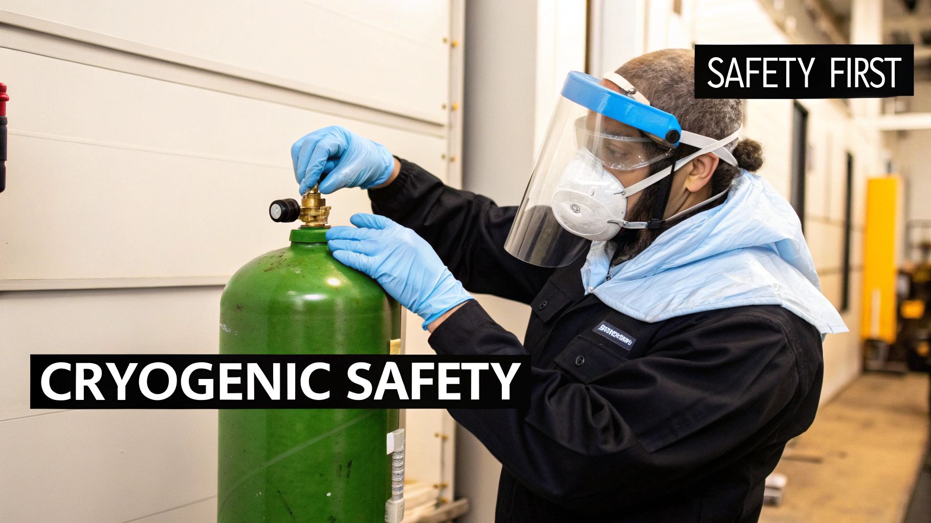 A person in full PPE, including a face shield, mask, and gloves, adjusts a valve on a green gas cylinder, emphasizing cryogenic safety.