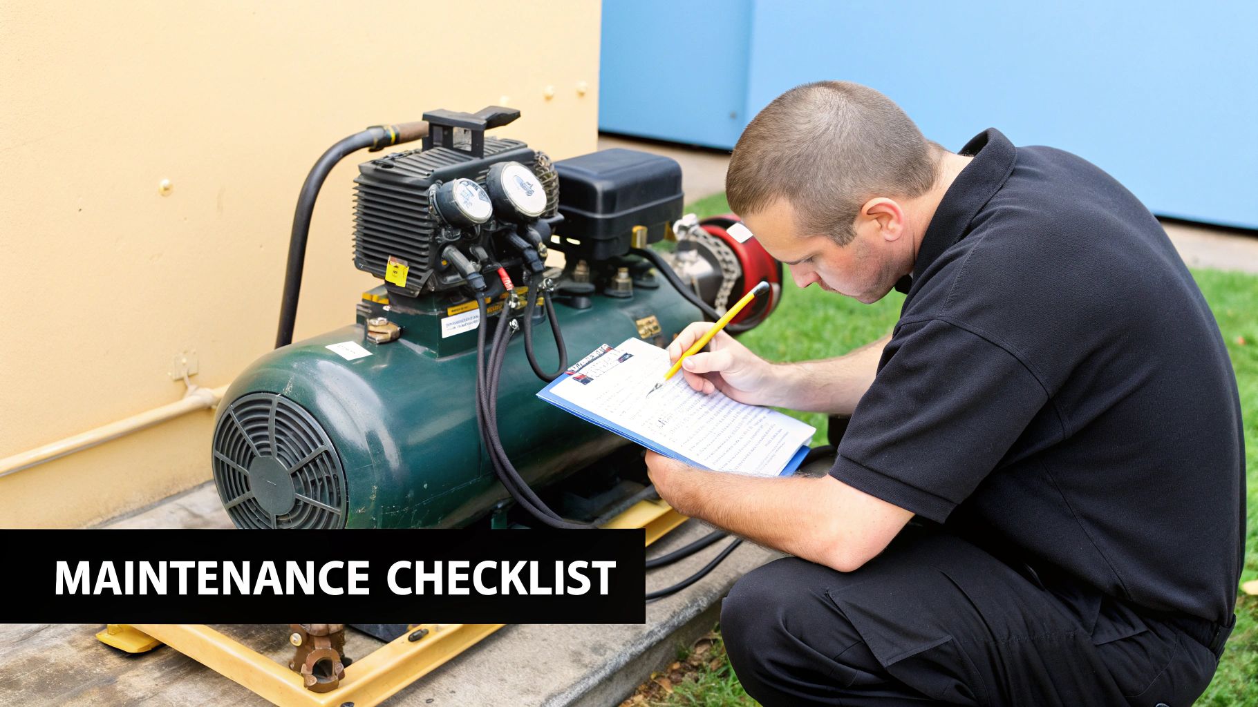 A technician crouches, reviewing a maintenance checklist for a large green industrial air compressor.
