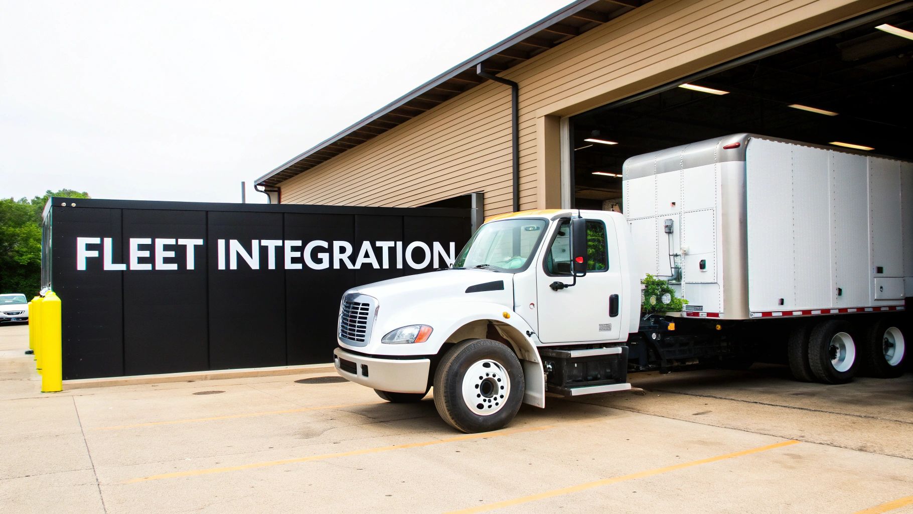 White semi-truck parked in front of a "FLEET INTEGRATION" sign and garage entrance.