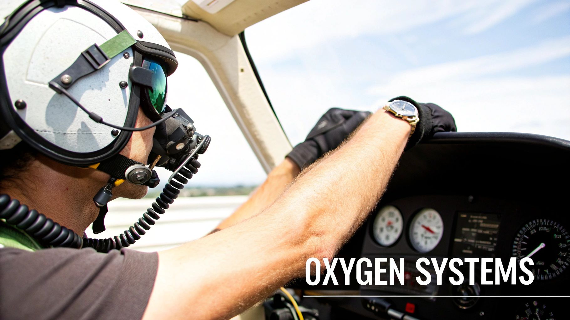 A pilot in an aircraft cockpit, wearing a flight helmet and oxygen mask.