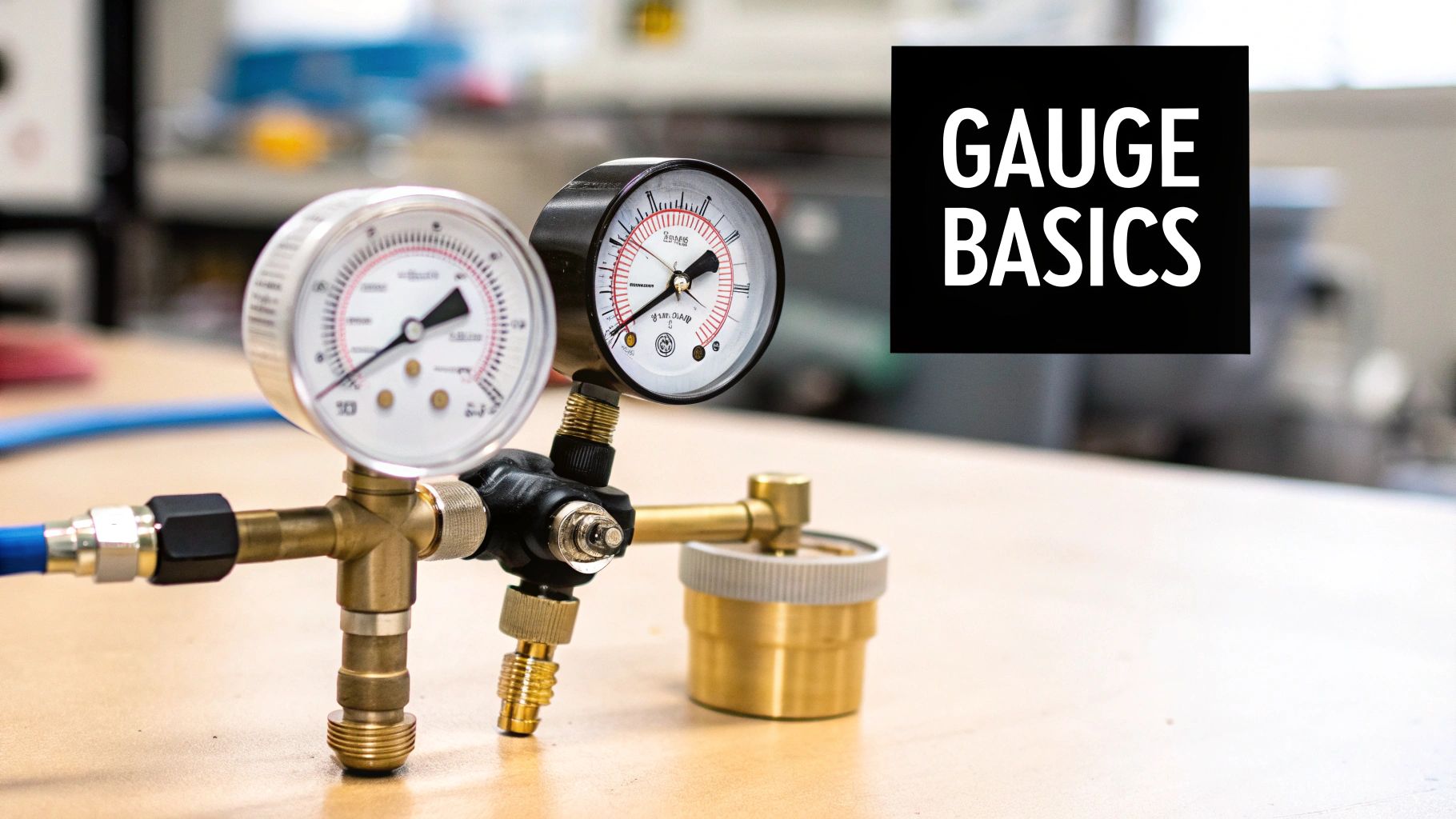 Two pressure gauges with brass fittings and a blue hose, on a table, titled 'GAUGE BASICS'.