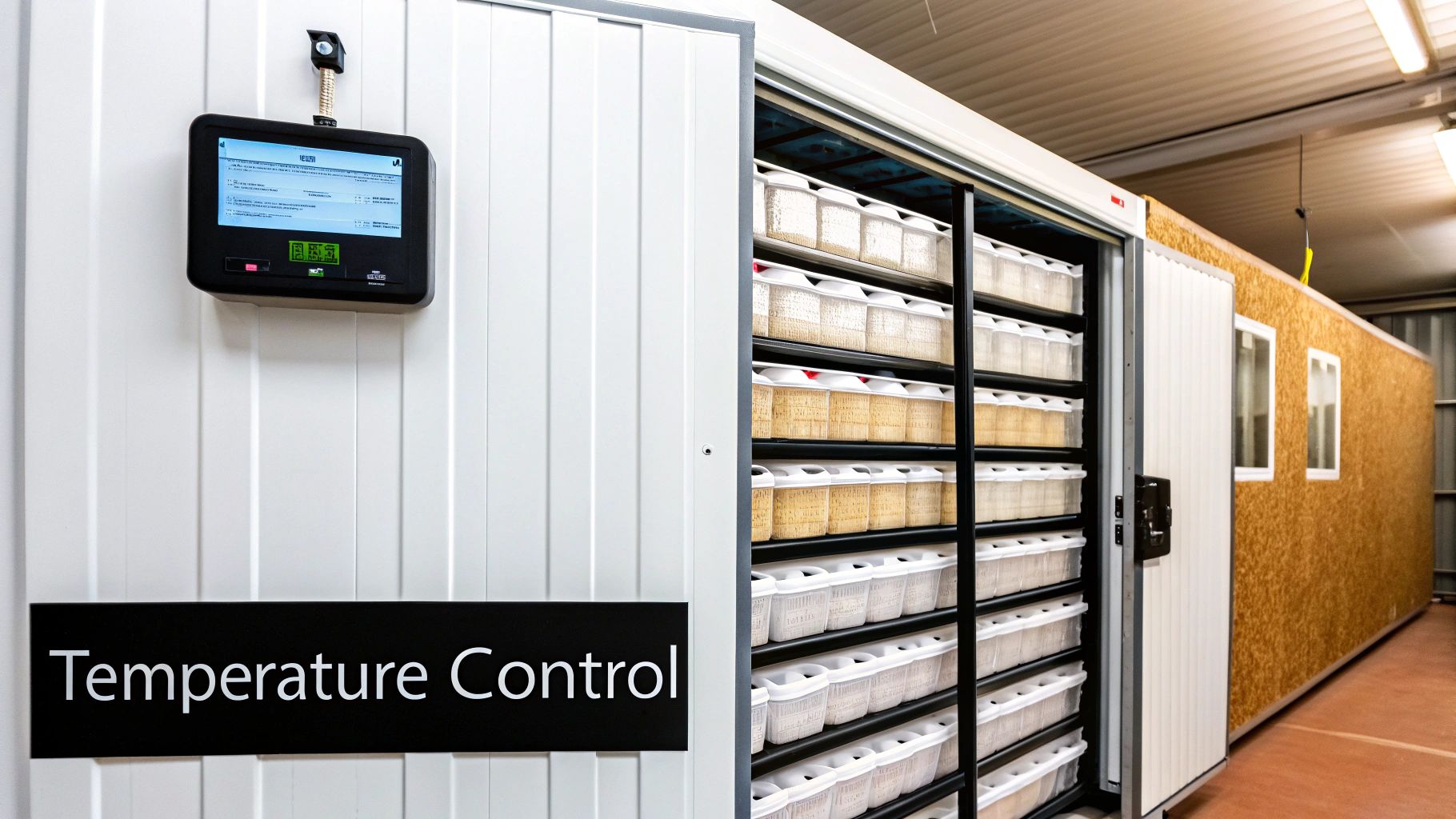 A digital temperature control unit on a white wall next to shelves of containers in a controlled growing facility.