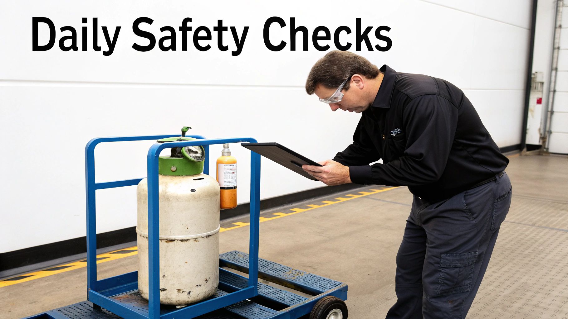 A man in safety glasses performs daily safety checks on a gas cylinder using a tablet.