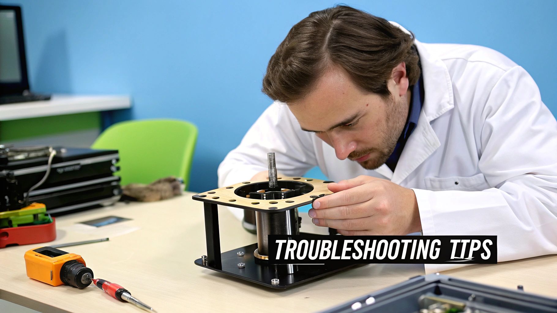 A scientist in a lab coat meticulously works on a mechanical device, troubleshooting it in a laboratory setting.