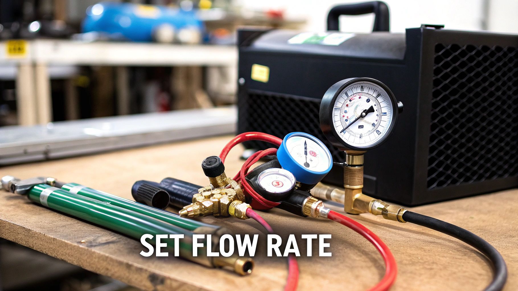 Close-up of gas regulators, pressure gauges, and hoses for setting flow rate in a workshop.