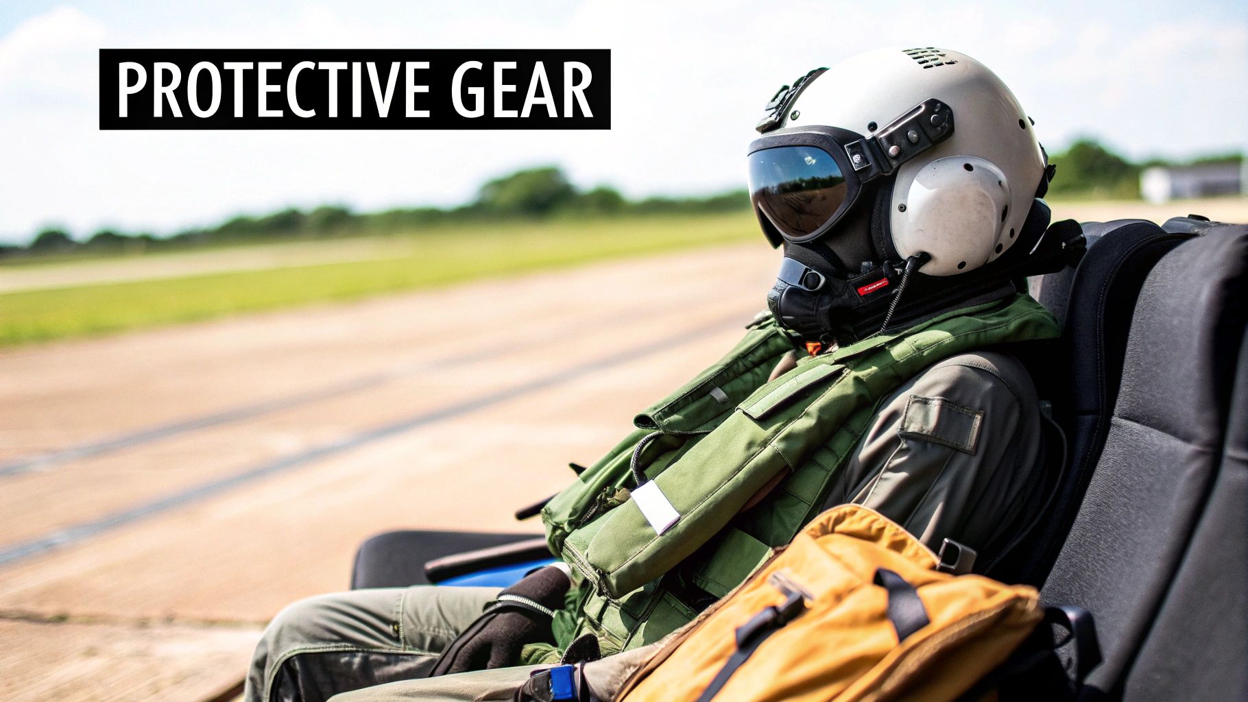 Pilot wearing a white helmet, goggles, and green protective flight gear, sitting in an aircraft.