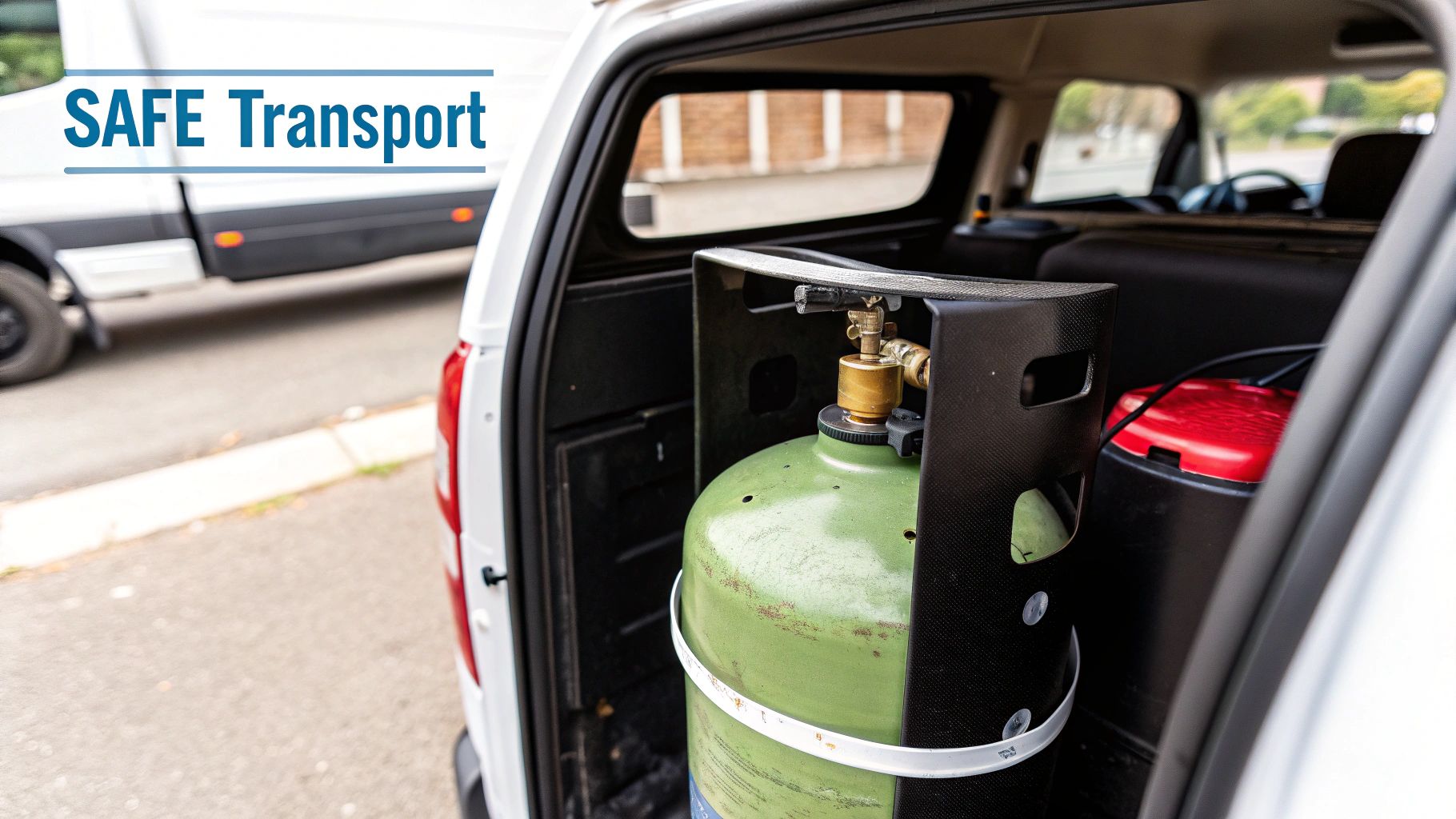Green gas cylinder safely secured in car trunk with protective carrier for transport