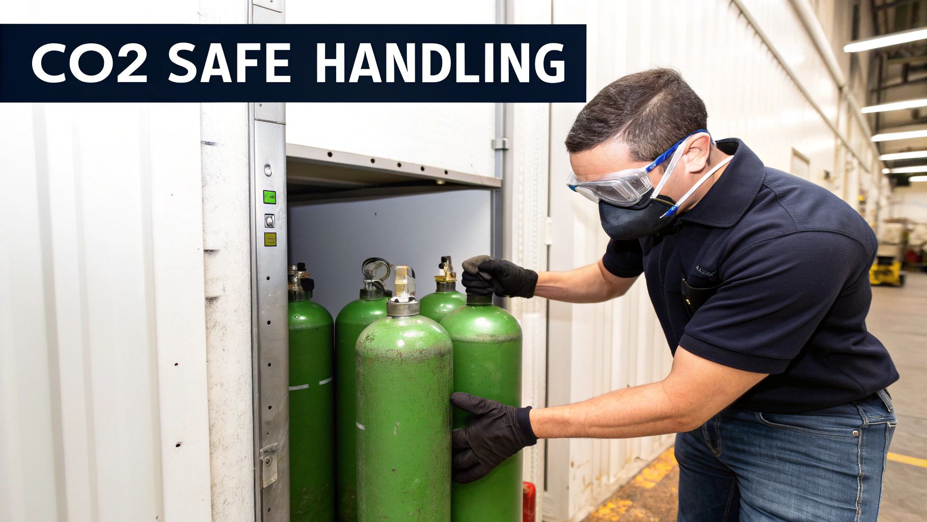 Worker in safety gear carefully moving green CO2 gas cylinders, emphasizing safe handling procedures.