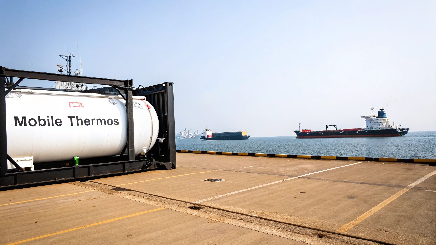A white 'Mobile Thermos' ISO tank container rests at a port with cargo ships in the background.