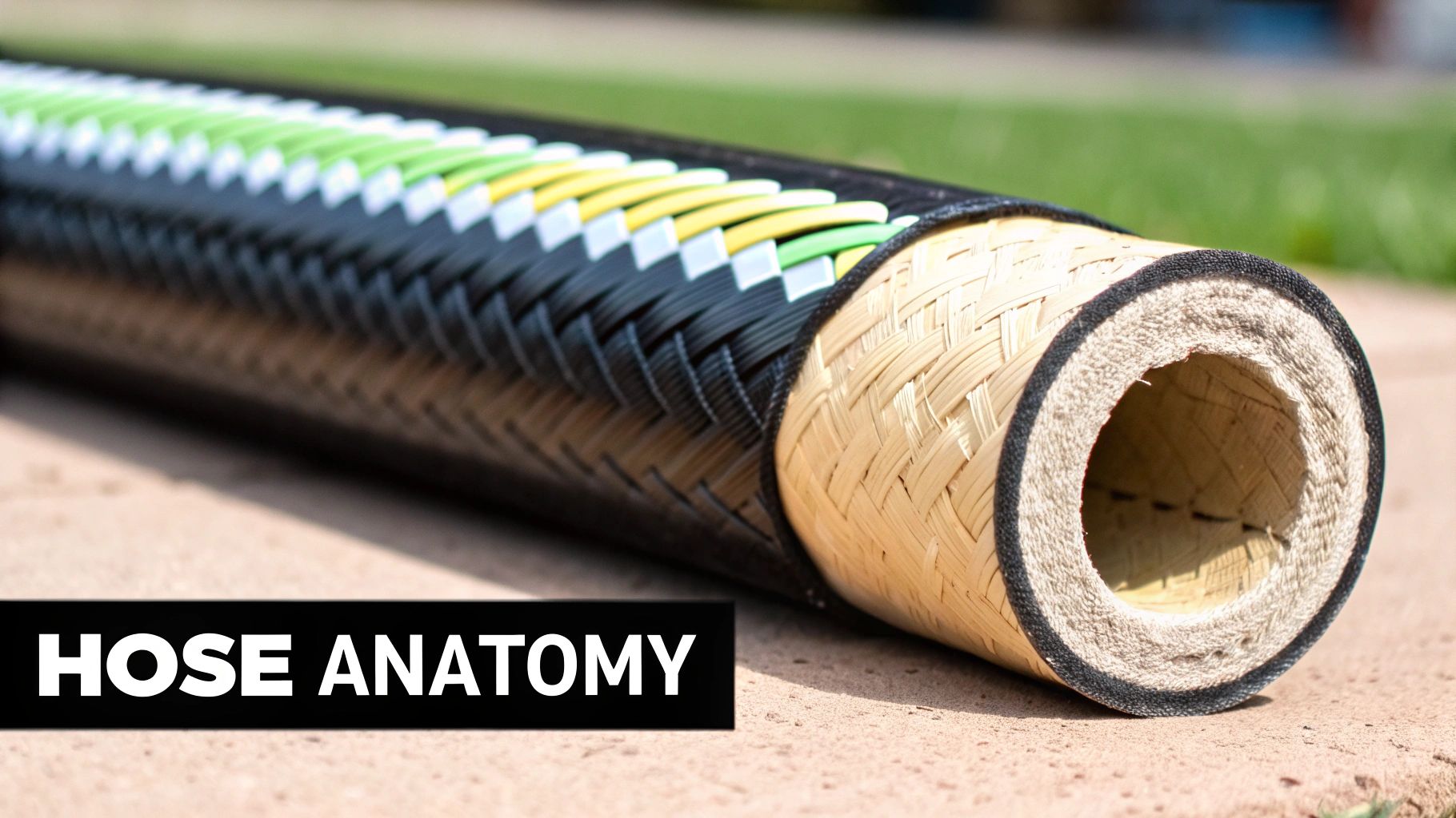 Detailed cross-section of a hose revealing its layered construction and braided exterior.