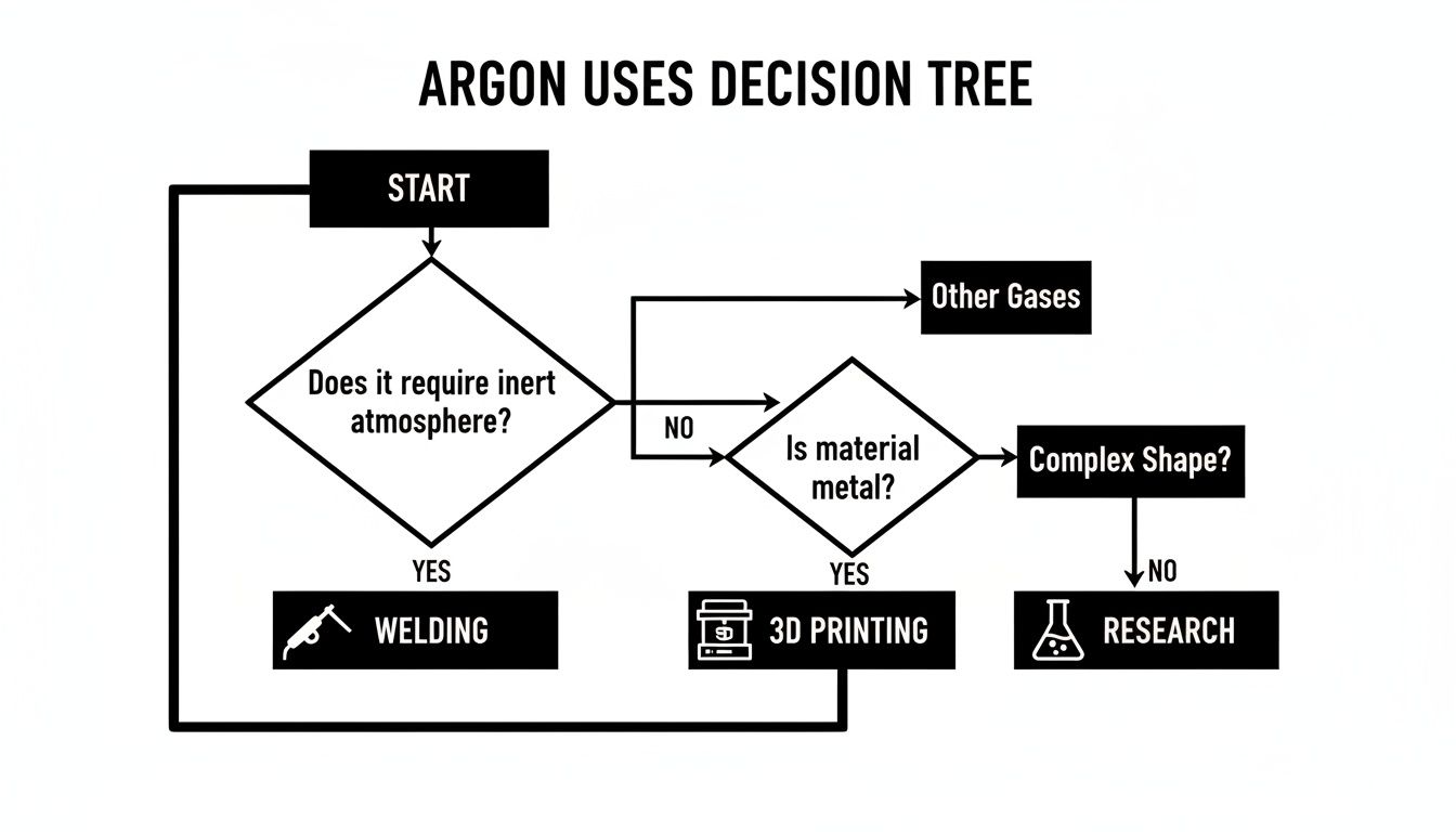 Decision tree flowchart for Argon gas uses in welding and 3D printing processes.