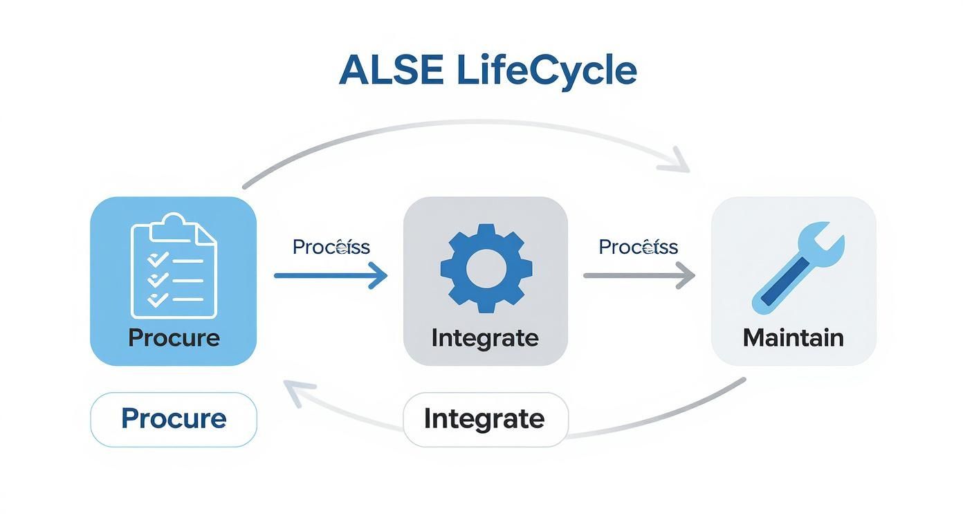 A diagram illustrating the ALSE lifecycle with Procure, Integrate, and Maintain stages connected by arrows.