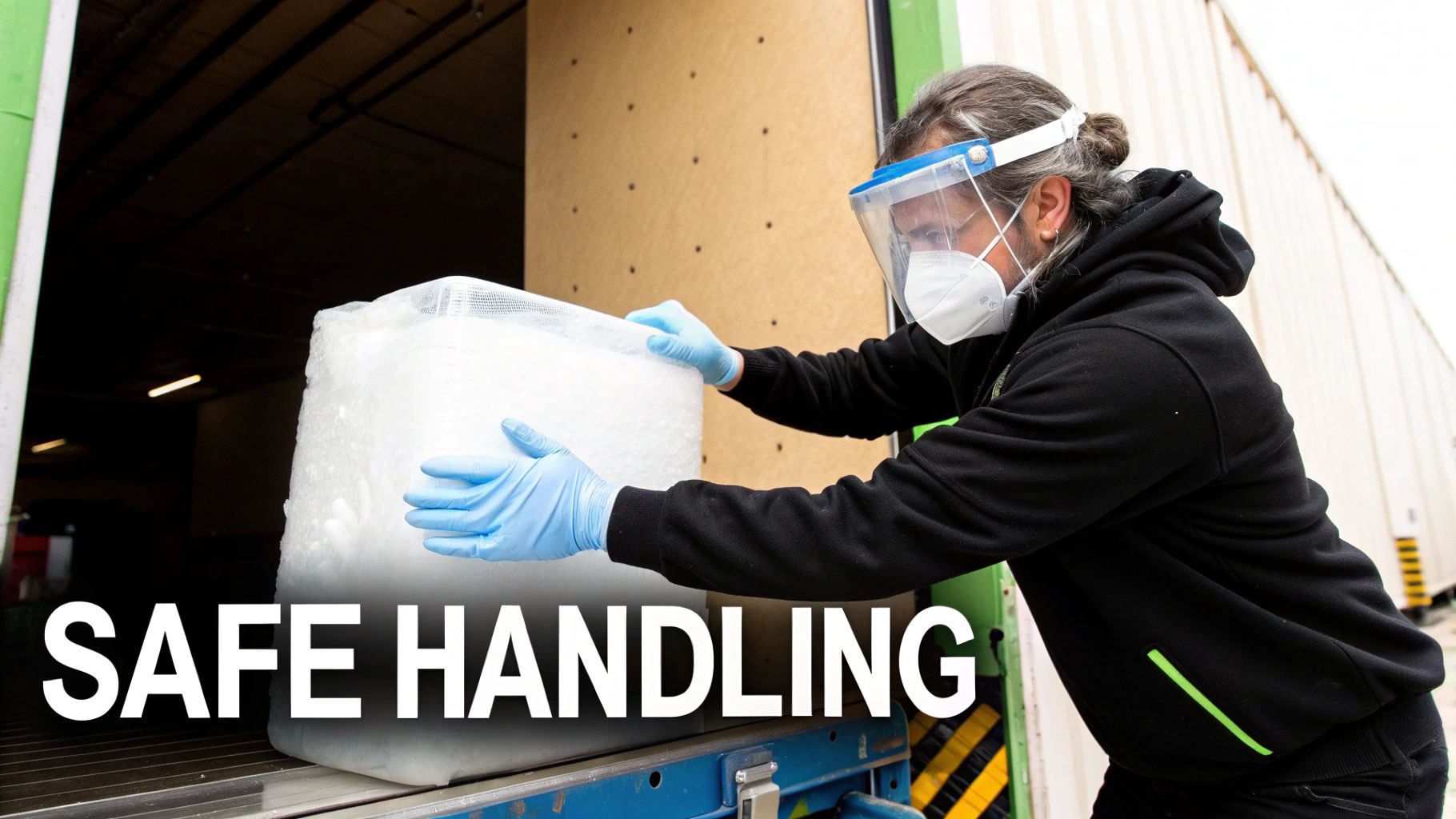 Person wearing PPE (face shield, mask, gloves) safely handling a large block of dry ice.