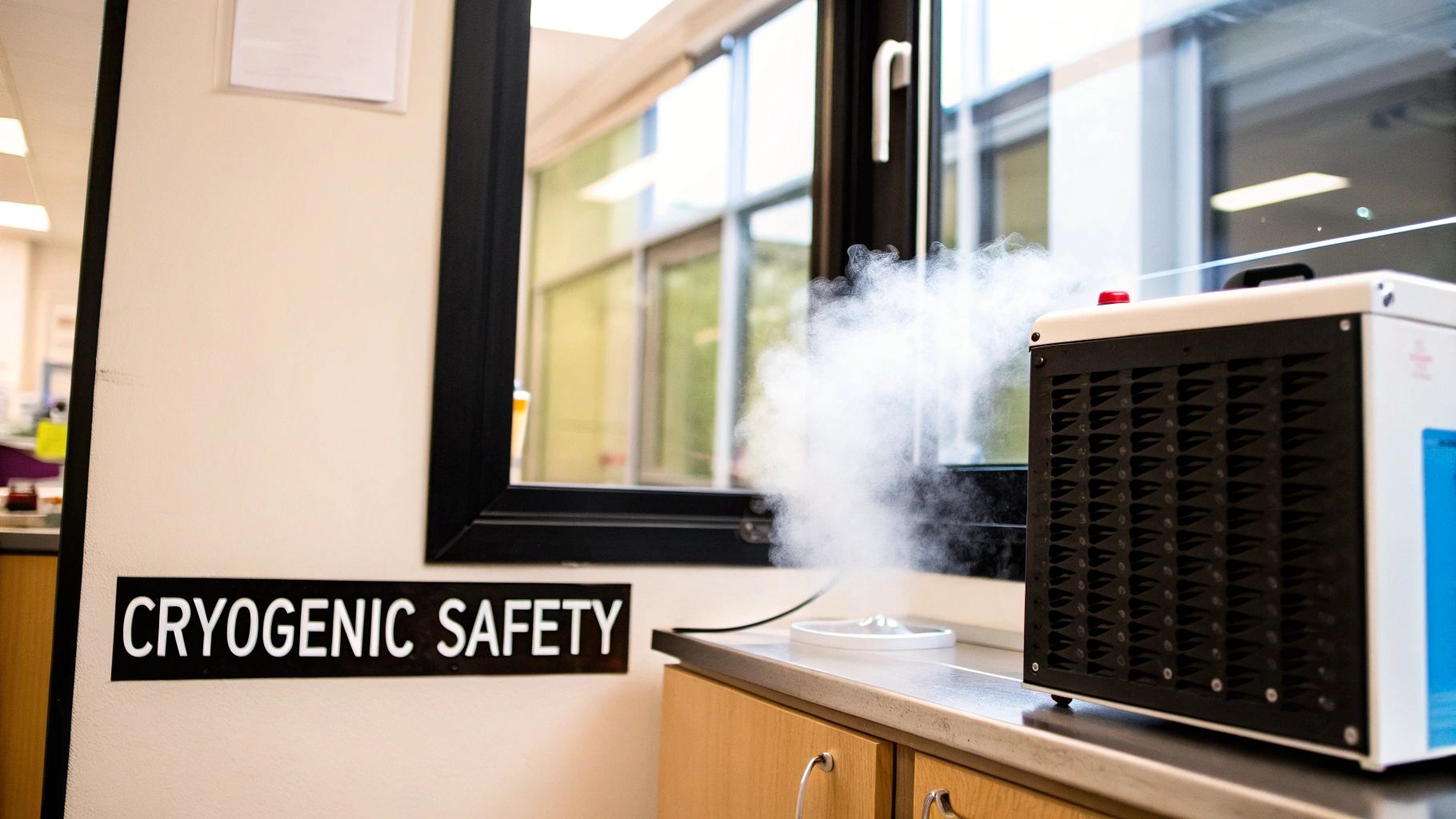 A white mist emanates from lab equipment next to a 'CRYOGENIC SAFETY' sign.