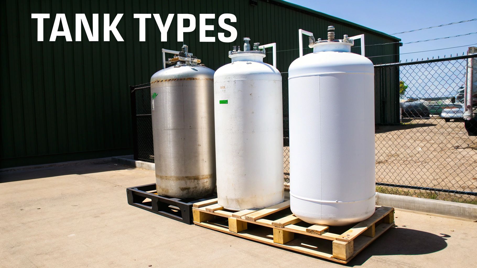 Three large industrial storage tanks, one silver and two white, standing on pallets outdoors.