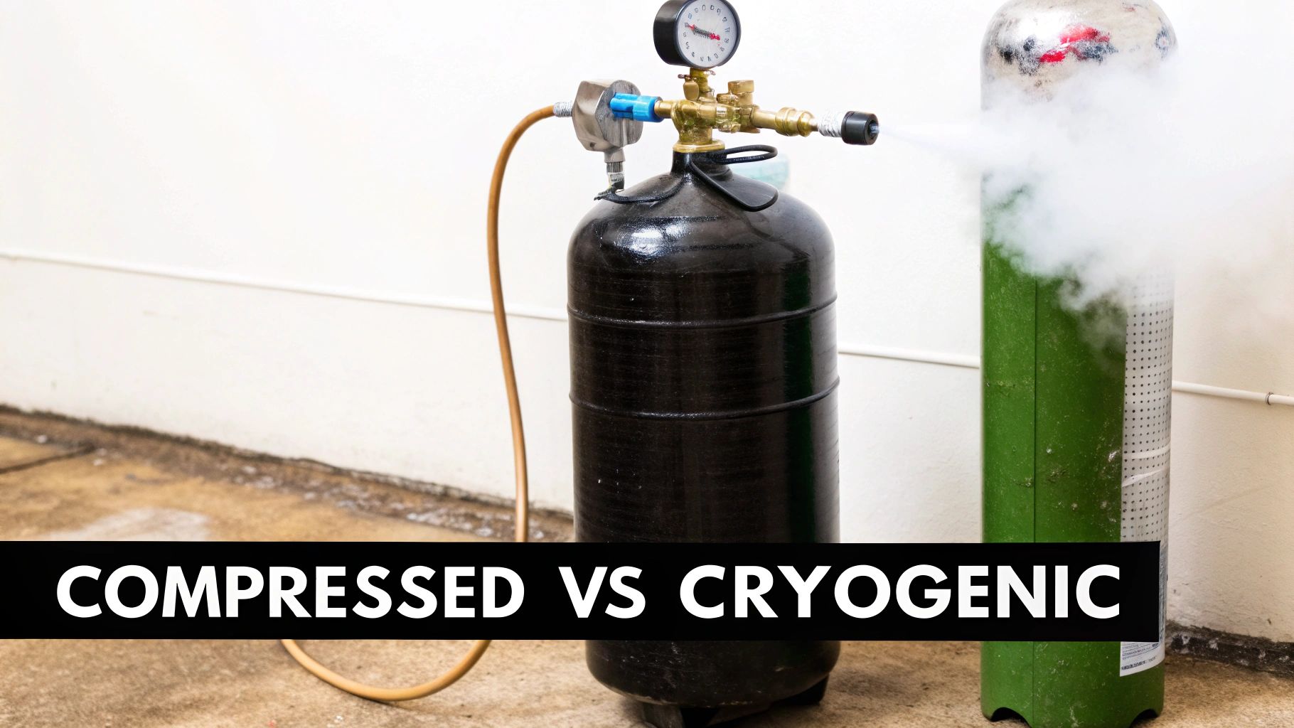 Two industrial gas cylinders illustrating compressed versus cryogenic gases, with one emitting a visible cold vapor.