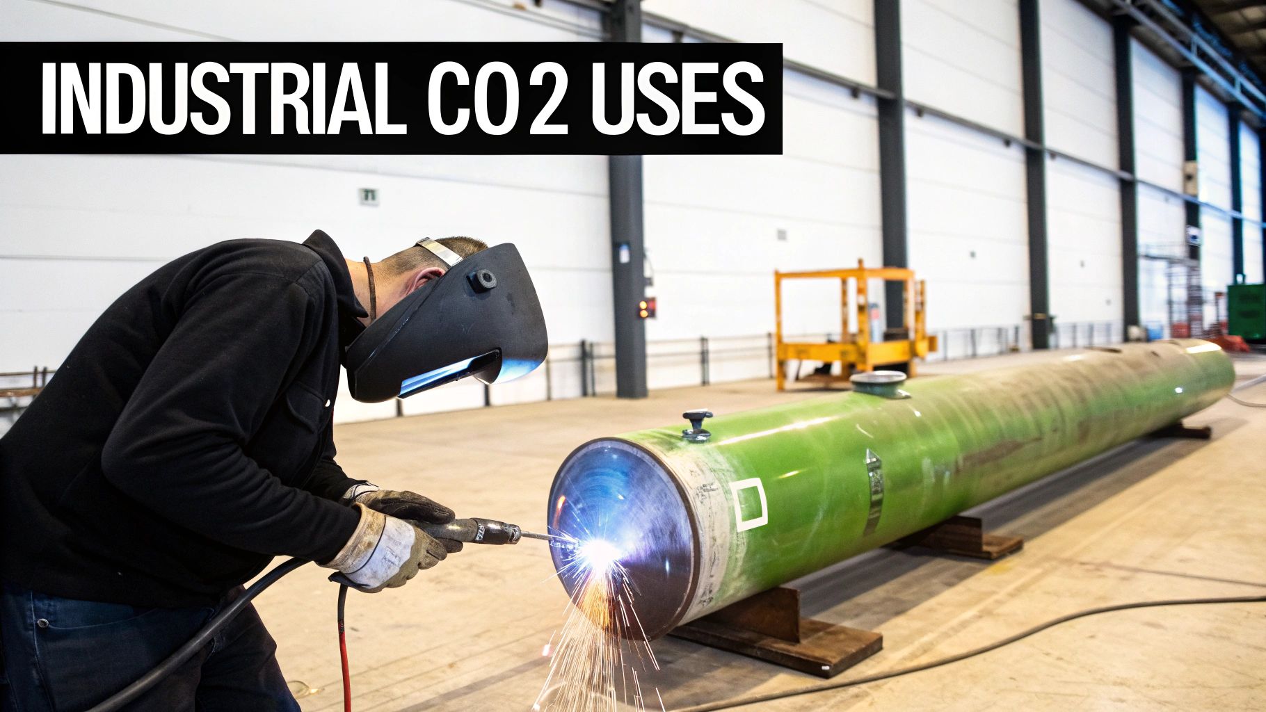A worker in a welding mask and gloves actively welds a large green industrial tank, creating bright sparks.