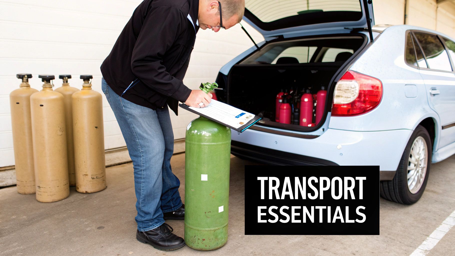 A man inspects gas cylinders for transport, writing on a clipboard by a car trunk.
