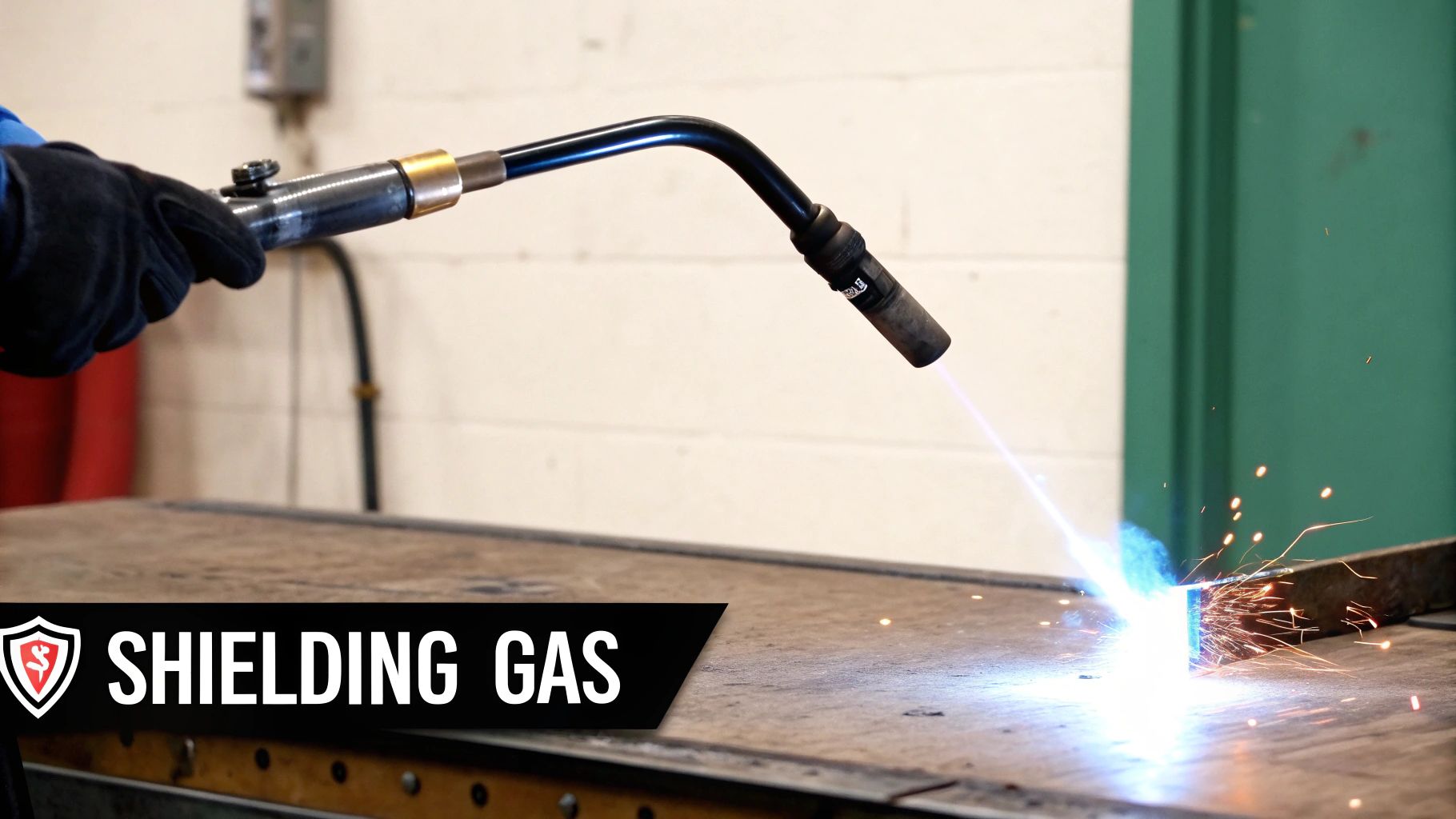 A gloved hand uses a MIG welding torch, producing a bright arc and sparks on a metal workpiece, with 'shielding gas' text.